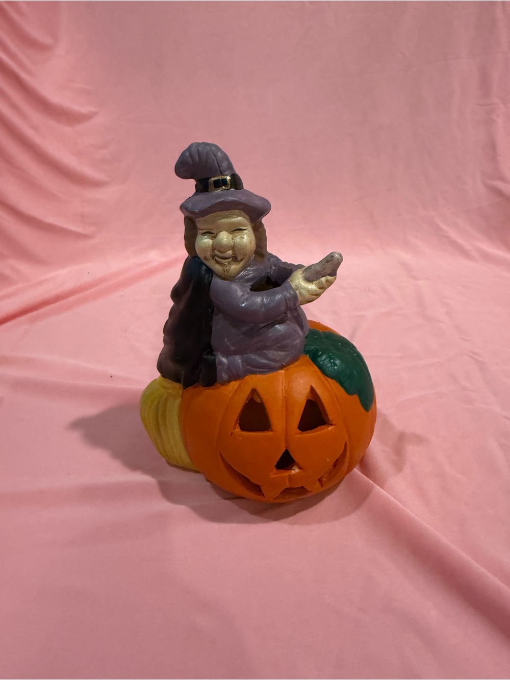 Hand-Painted Halloween Witch Figurine on Pumpkin - Purple & Orange